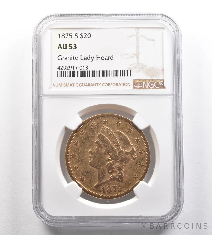 1875-S $20 Liberty Head Gold Double Eagle Granite Lady Hoard AU53 NGC *4288