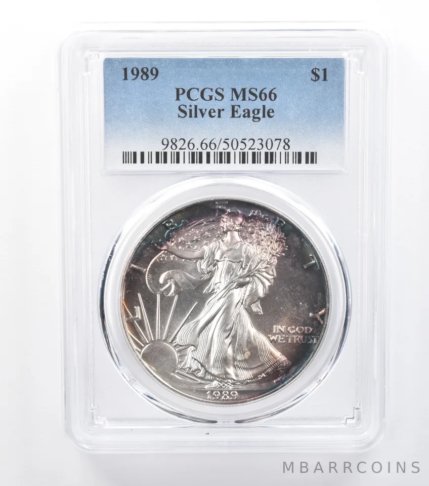1989 American Silver Eagle MS66 PCGS Blue/Purple Watercolor Effect *7769