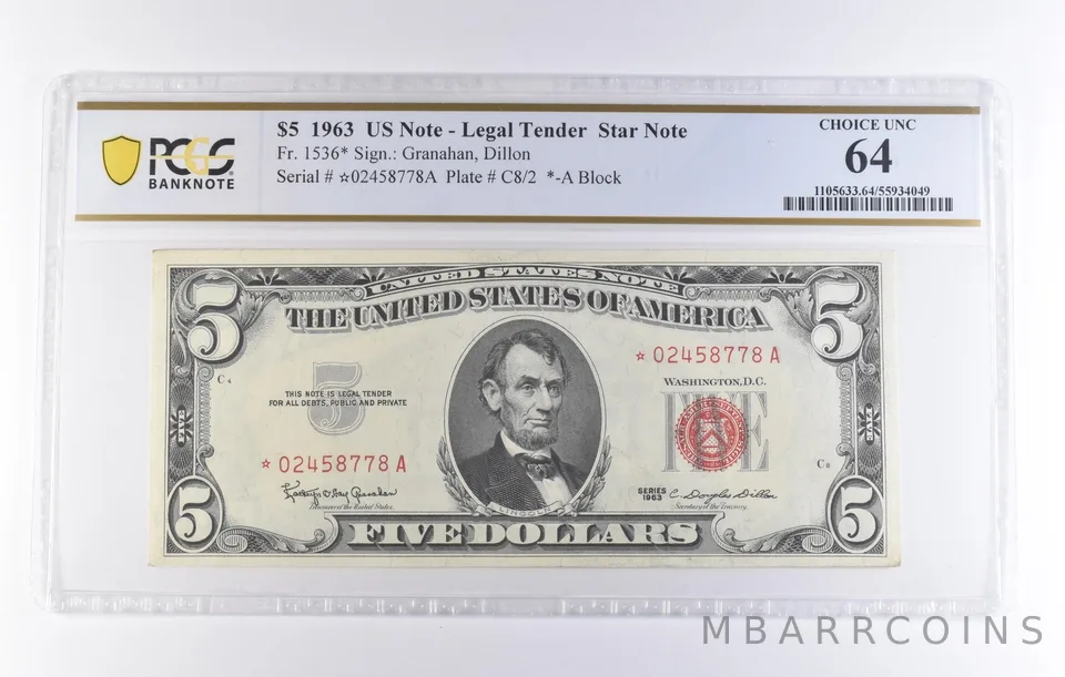 1963 $5 Legal Tender Star Note Fr#1536* Choice Unc 64 PCGS *8300
