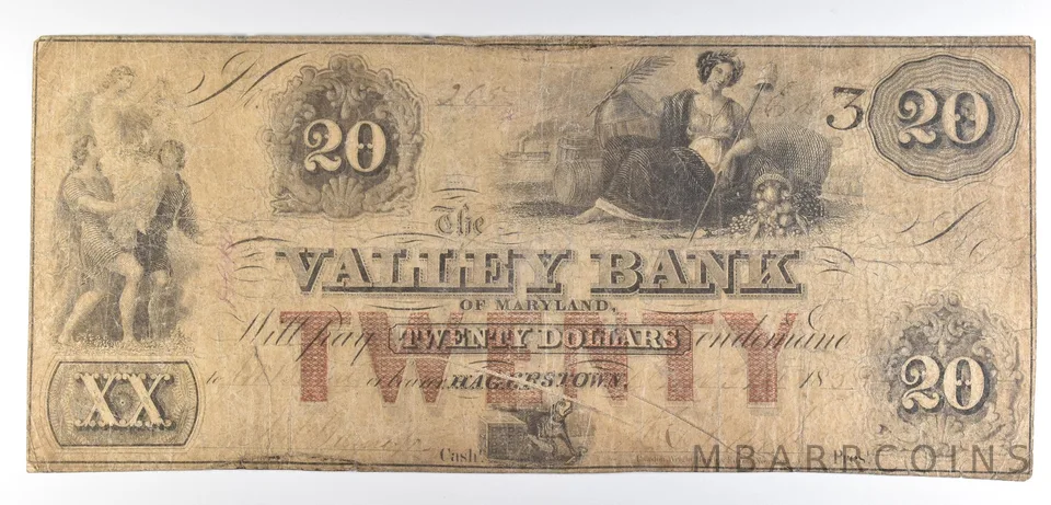 1855 $20 Hagerstown MD Valley Bank Obsolete Note *8515