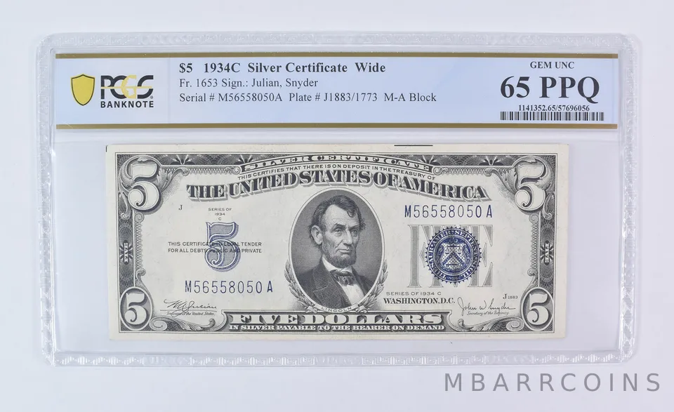 1934 C $5 Silver Certificate Wide Fr#1653 Gem Unc 65 PPQ PCGS
