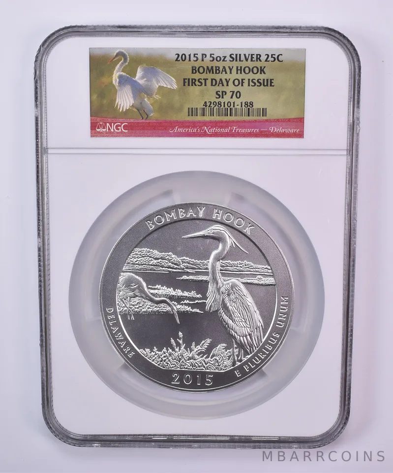 2015-P 5 Oz Silver Quarter ATB America The Beautiful Bombay Hook SP70 NGC