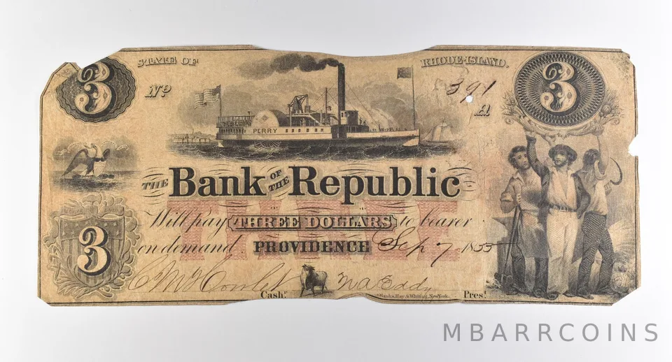 1855 $3 Providence RI Bank Of The Republic Obsolete Note *3776