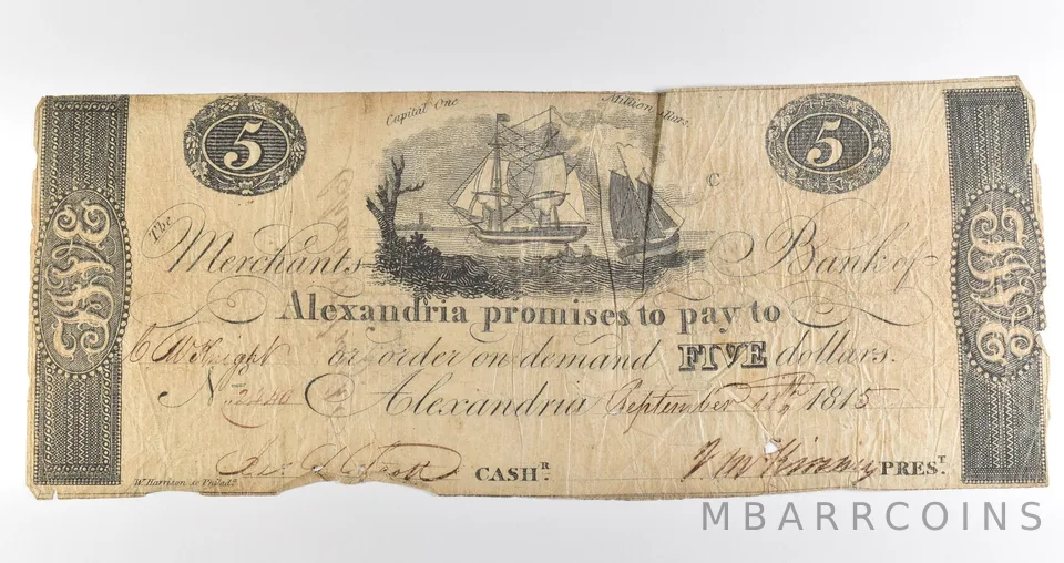 1815 $5 Alexandria VA Merchants Bank Obsolete Note *3905