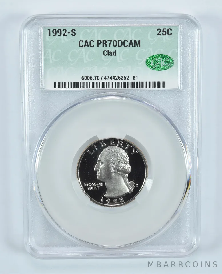 1992-S Washington Quarter CLAD PR70 DCAM CAC CACg