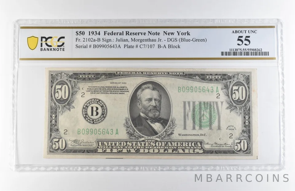 1934 $50 New York NY FRN Fr#2102a-B DGS (Blue-Green) About Unc 55 PCGS *7900