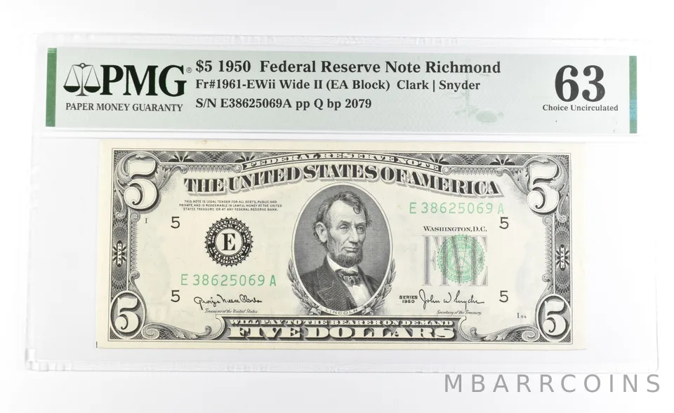 PMG 64 Choice Unc 1950 $5 Richmond, VA US FRN Green Seal Fr#1961-EWii *1029