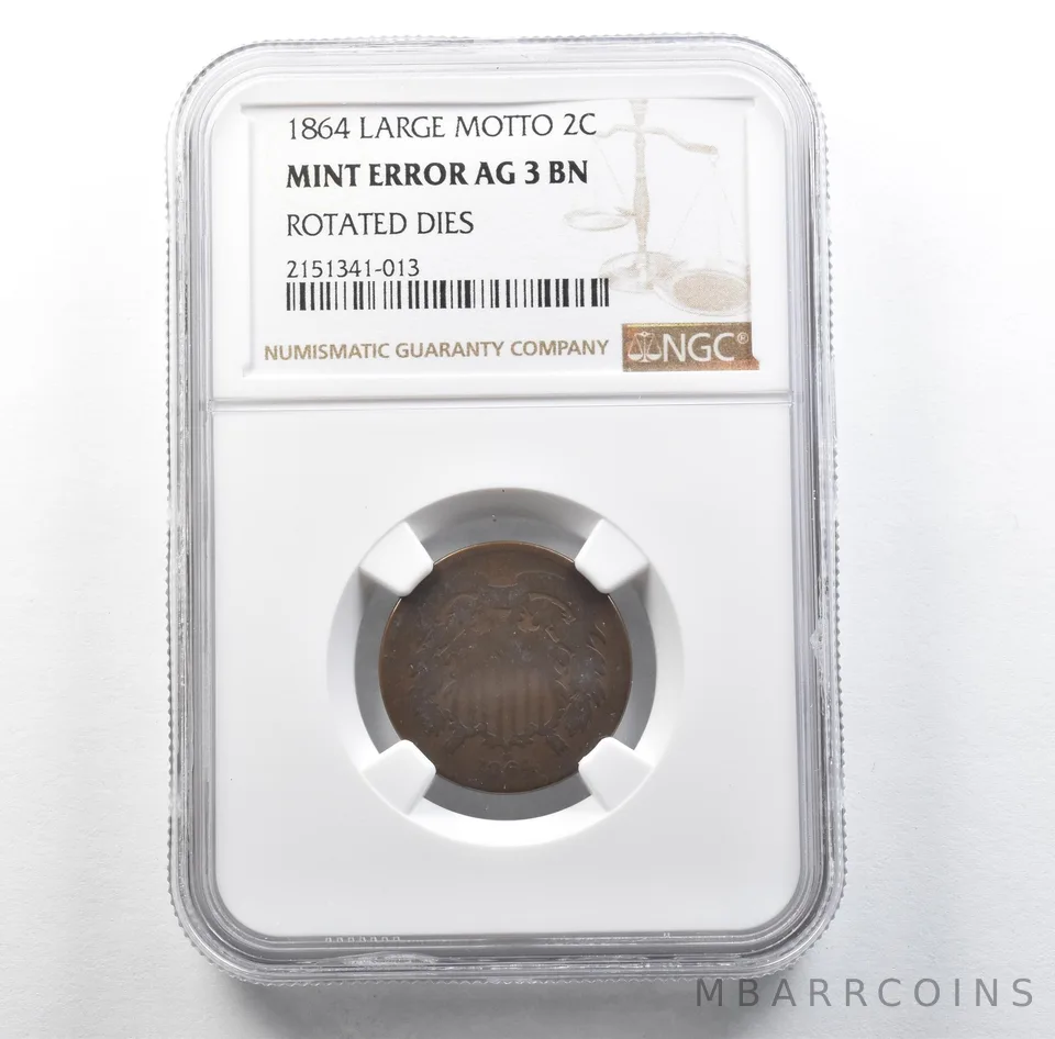1864 Shield Two Cents Large Motto Mint Error Rotated Dies AG3 BN NGC *3150