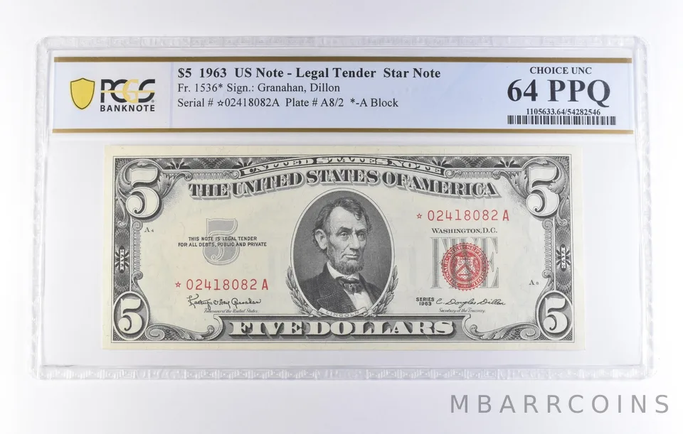 1963 $5 Legal Tender Star Note Fr#1536* Choice Unc 64 PPQ PCGS *8223