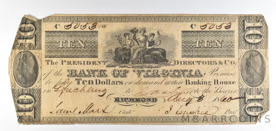 1860 $10 Richmond VA Bank Of Virginia Obsolete Note *8823