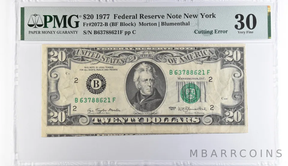1977 $20 New York NY FRN Cutting Error Fr#2072-B VF 30 PMG *9517