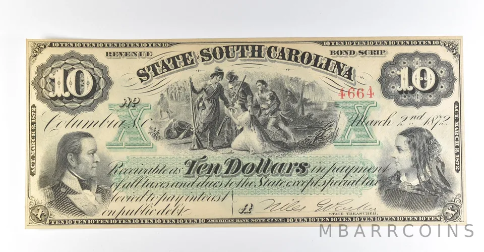 1872 $10 South Carolina Obsolete Note *8391