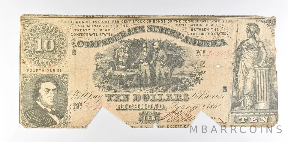1861 $10 Confederate States Of America T-30 Large Note *8569