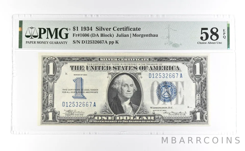 1934 $1 Silver Certificate Fr#1606 Choice About Unc 58 EPQ PMG *6983