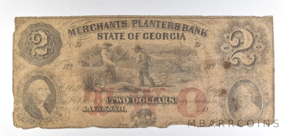 1800s $2 Savannah GA Merchant & Planters Bank Obsolete Note *8809