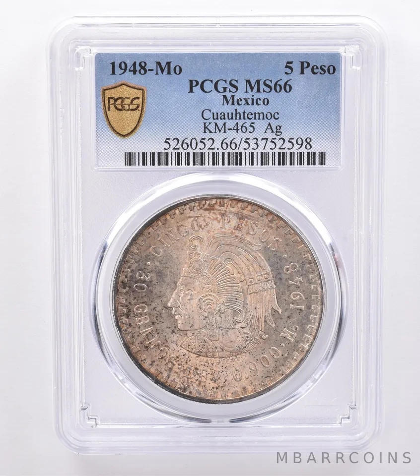 1948 Mo Mexico 5 Pesos Cuauhtemoc Silver KM-465 MS66 PCGS Beautiful Tone *8713
