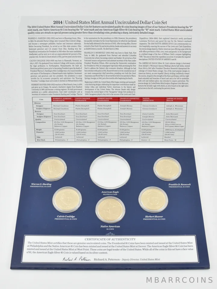 2014 Presidential & Sacagawea US Mint Annual Dollar Set NO ASE (5 coins)
