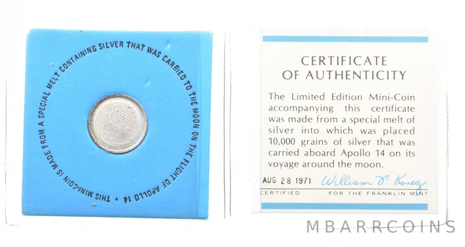 1971 Apollo 14 Moon Silver Mini Coin W/ CoA a5289