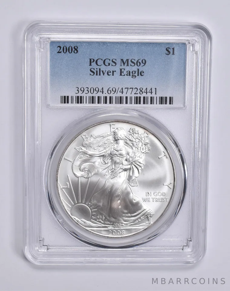 2008 American Silver Eagle 1 Oz MS69 PCGS Blue Label