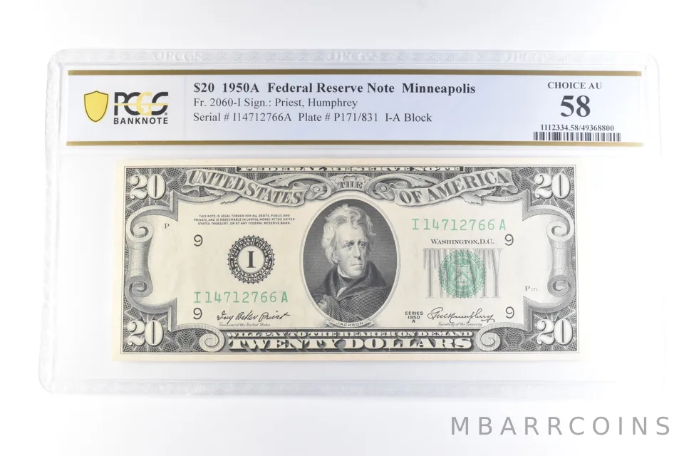 1950 A $20 Minneapolis MN FRN Fr#2060-I Choice AU 58 PCGS *6083
