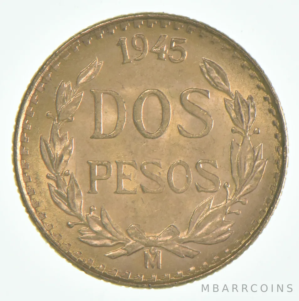 1945 Mexico Gold 2 Pesos .0482 oz .900 Fine Gold BU
