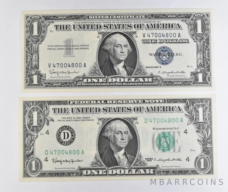 Lot (2) Matching Serial Numbers 1957 B $1 Silver Certificate/1963 $1 FRN *1723