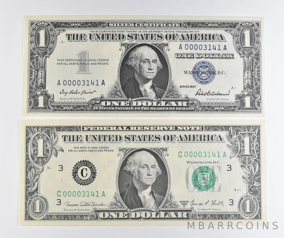 Lot (2) Matching Serial Numbers 1957 $1 Silver Certificate/1969 D $1 FRN *1721
