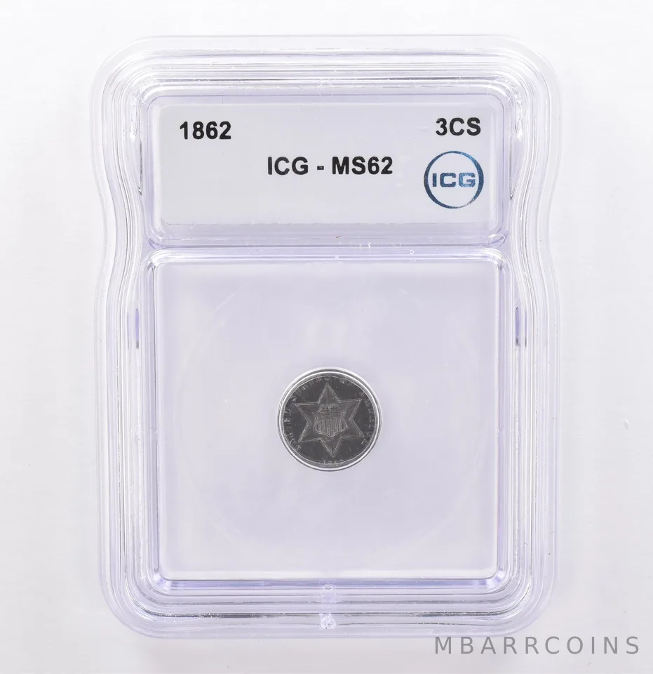 1862 Three Cent Silver Trime MS62 ICG Beautiful Tone *9253