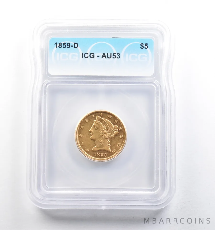 1859-D $5 Liberty Head Gold Half Eagle AU53 ICG *5691