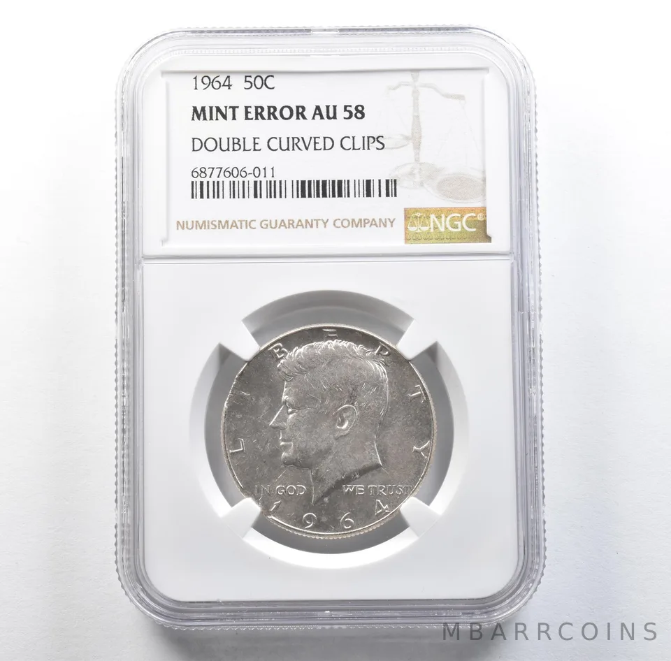 1964 Kennedy Half Dollar Mint Error Double Curved Clips AU58 NGC *3103