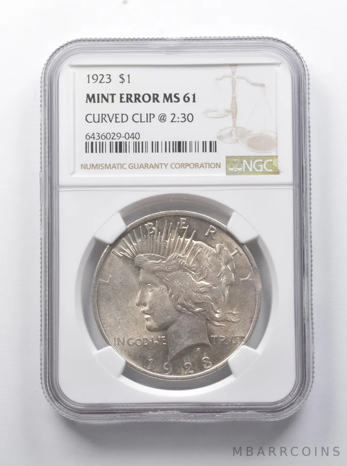 MINT ERROR MS61 1923 Peace Silver Dollar Curved Clip @ 2:30 NGC a7883