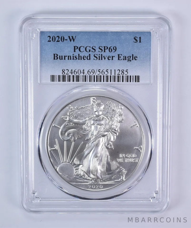 2020-W Burnished Silver Eagle SP69 PCGS Blue Label