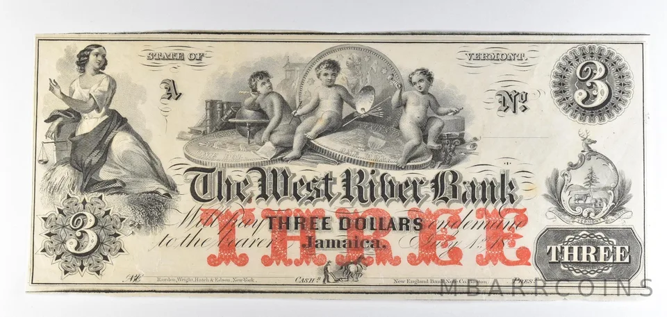 1800s $3 Jamaica VT West River Bank Obsolete Note *8663