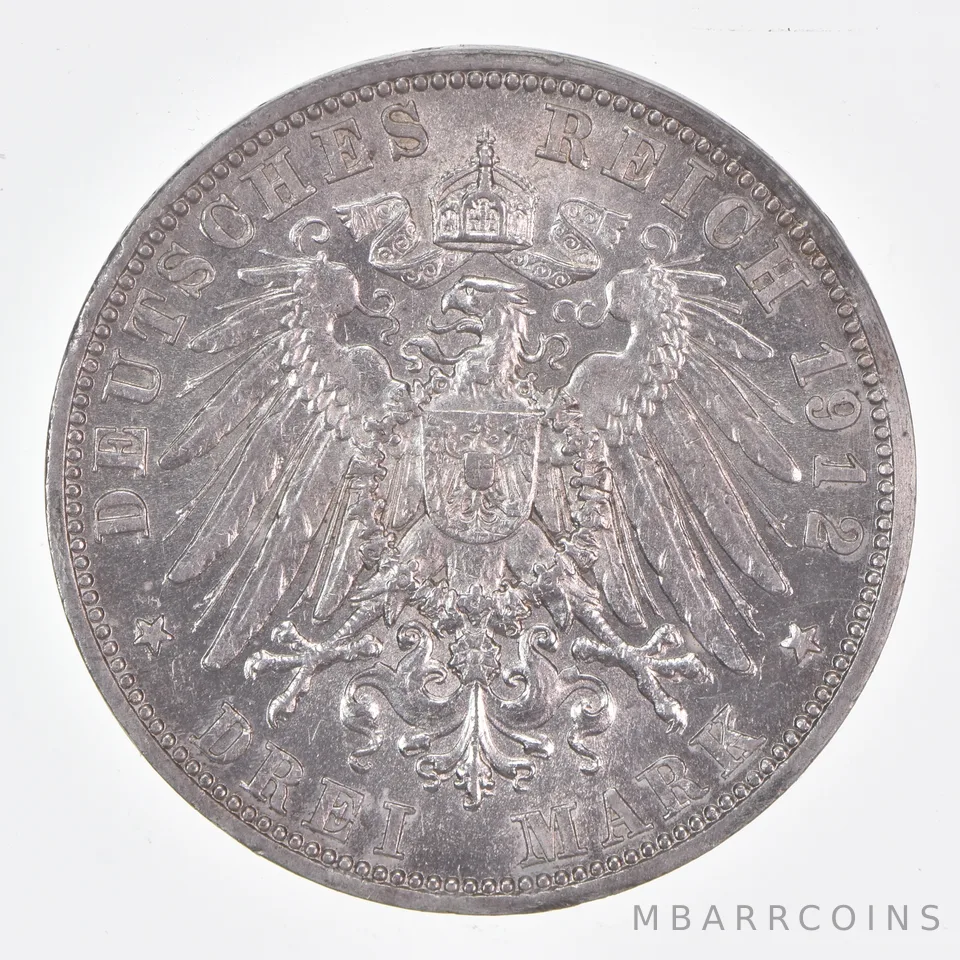 Better Date - 1912 Germany 3 Mark World Coin- Silver *460