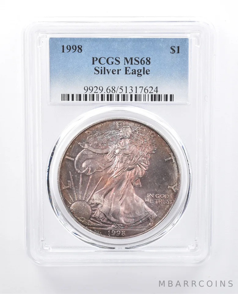 1998 American Silver Eagle MS68 PCGS Red/Purple Tone *8152