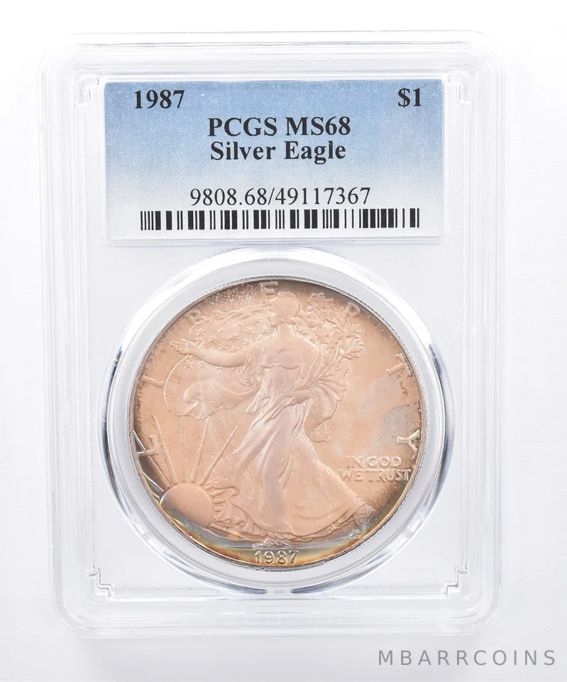 1987 American Silver Eagle MS68 PCGS Iridescent Tone *8460