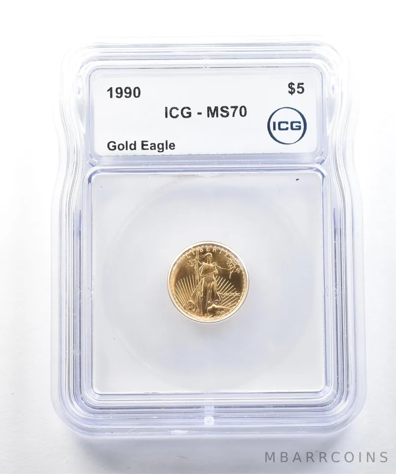 1990 $5 American Gold Eagle 1/10 Oz Gold MS70 ICG