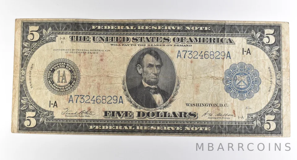1914 $5 Boston MA FRN Large Note Blue Seal *3716