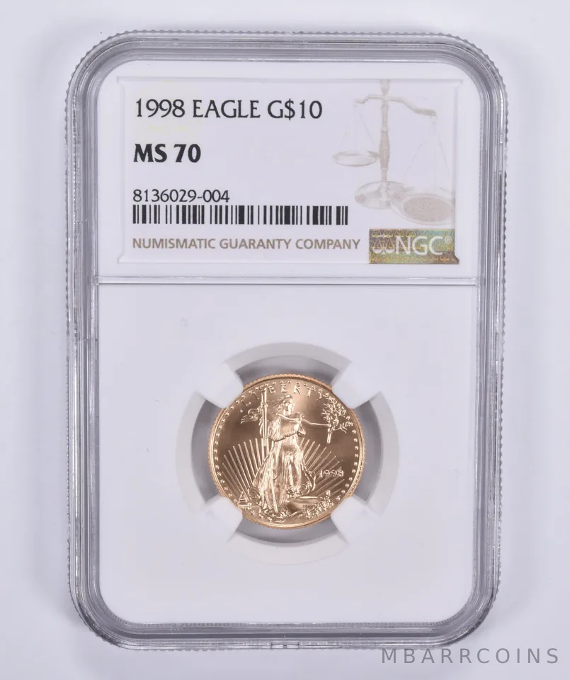 1998 $10 American Gold Eagle 1/4 Oz Gold MS70 NGC Brown Label