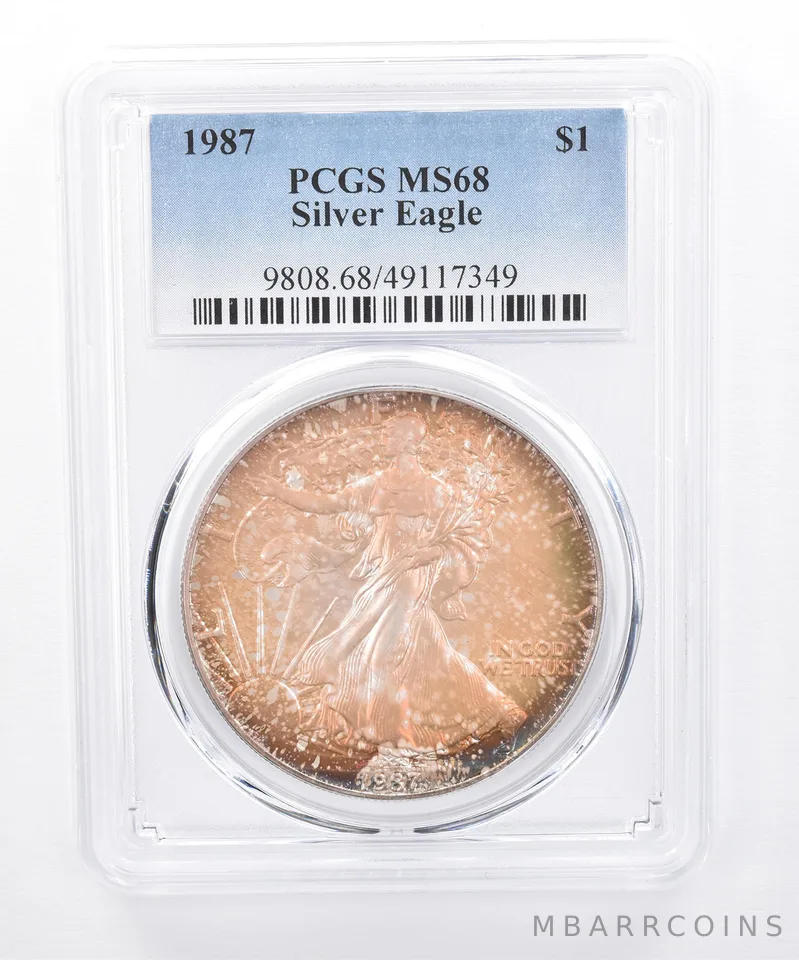 1987 American Silver Eagle MS68 PCGS Orange/Purple Tone *8415