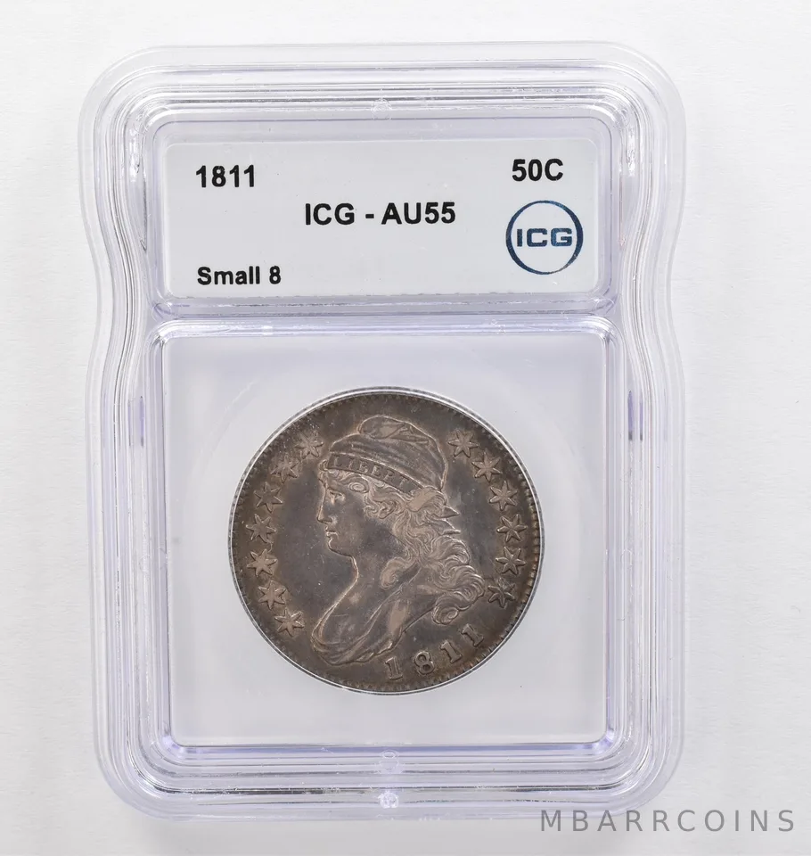 1811 Capped Bust Half Dollar Small 8 AU55 ICG Beautiful Tone *0248