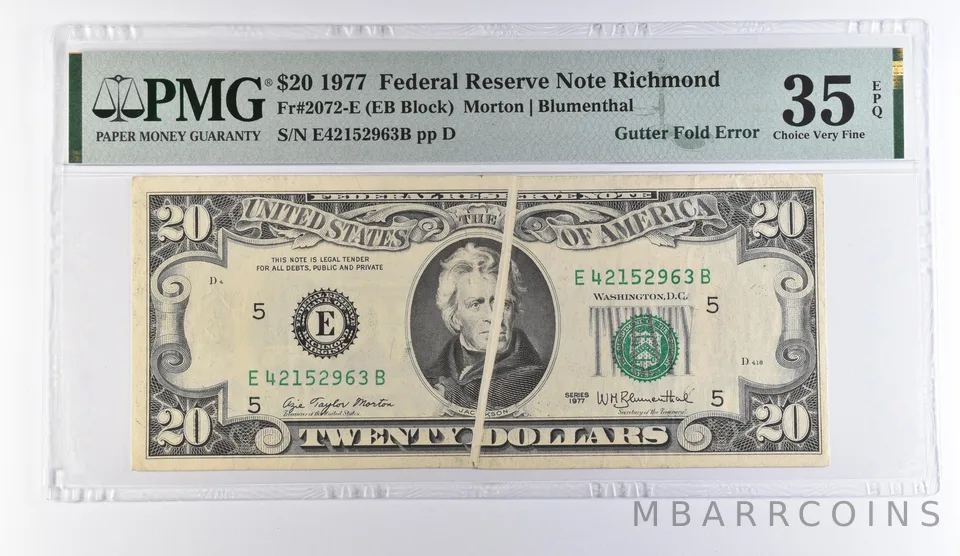 1977 $20 Richmond VA Gutter Fold Error Fr#2072-E Choice VF 35 EPQ PMG *9462