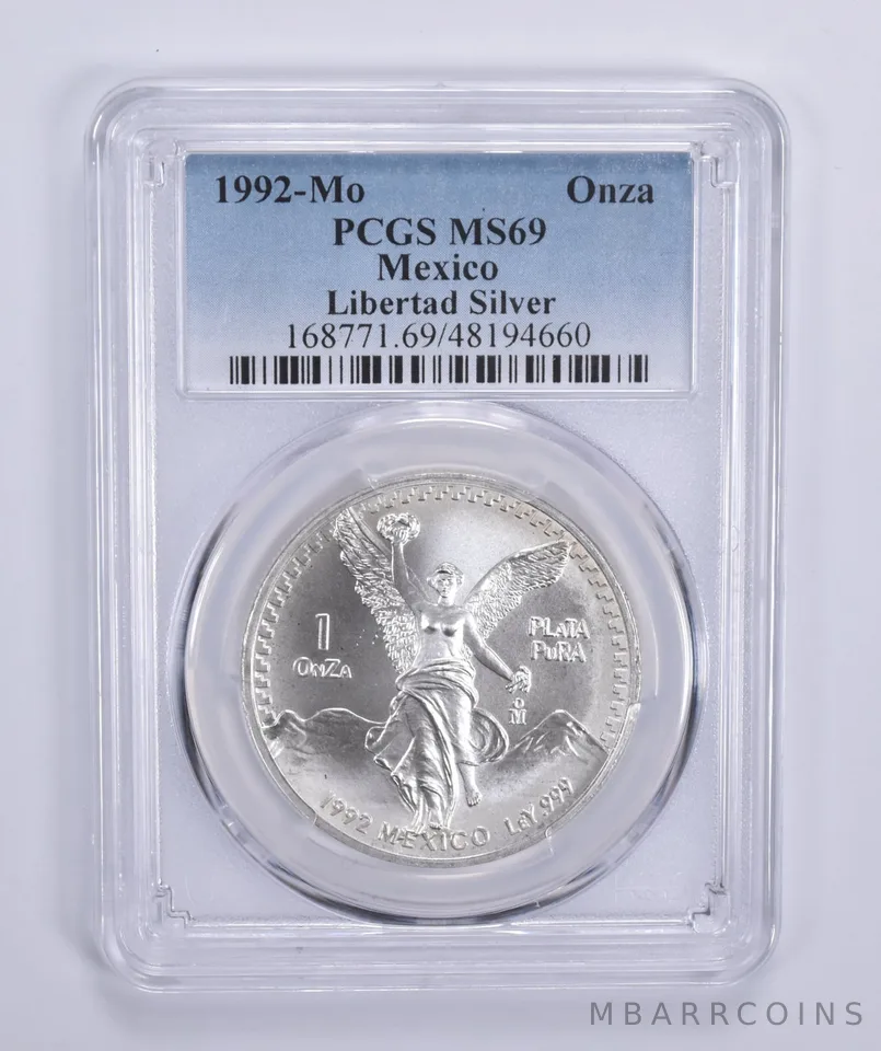 1992 Mo Mexico 1 Onza Silver Libertad MS69 PCGS Blue Label