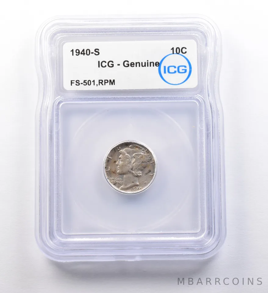 1940-S Mercury Dime FS-501 RPM Genuine ICG *9731