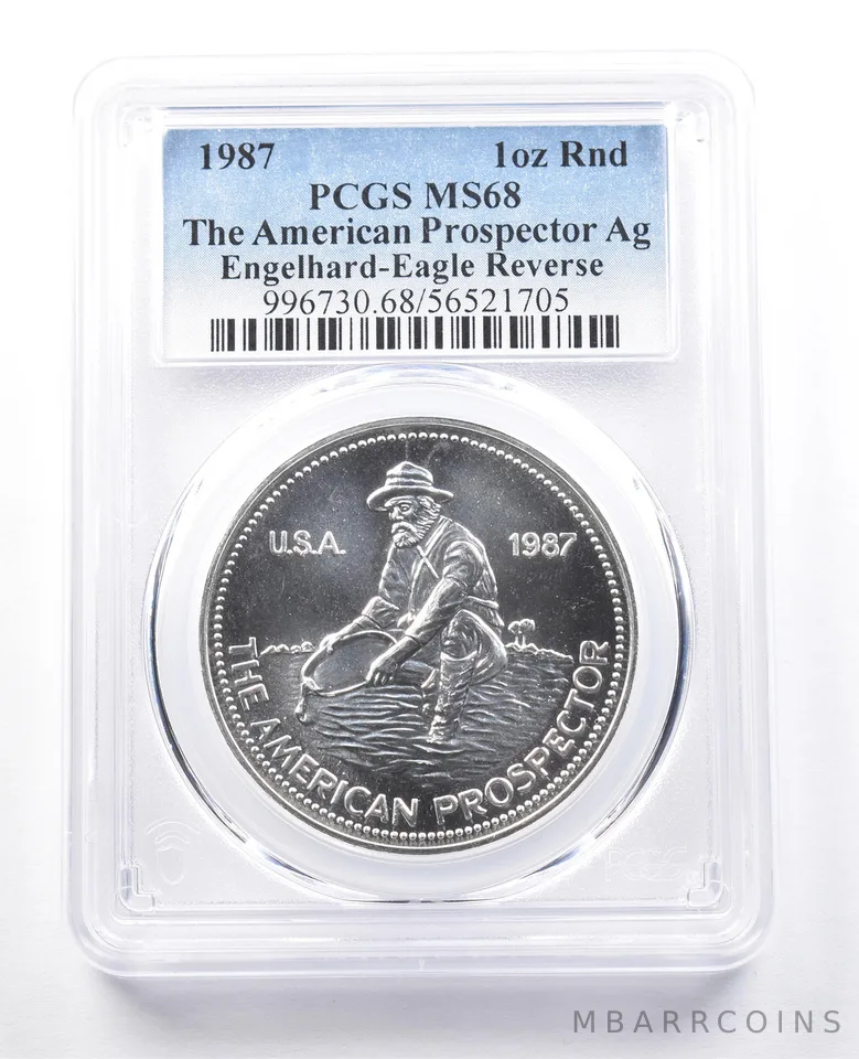 1987 Engelhard Prospector 1 Oz Silver Round Eagle Reverse MS68 PCGS