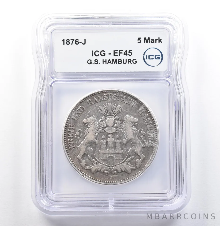 1876 J German States Hamburg 5 Mark EF45 ICG *9960