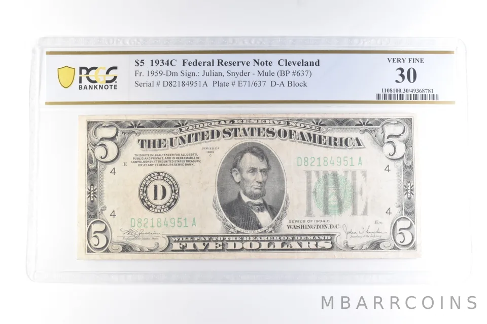 1934 C $5 Cleveland OH FRN Fr#1959-Dm Mule Very Fine 30 PCGS a6064