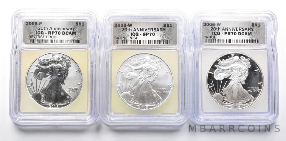 Set 20th Anniversary PR MS 70 2006 American Silver Eagles ICG a0280