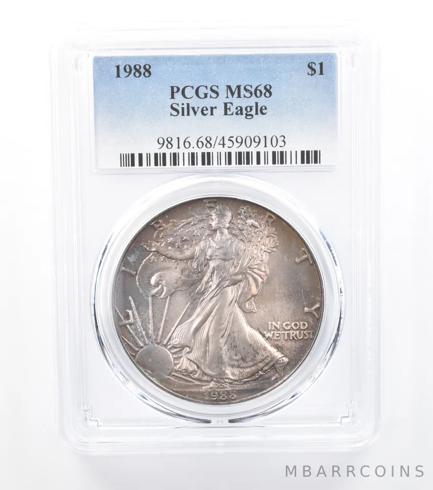 1988 American Silver Eagle MS68 PCGS Purple/Rainbow Tone *7725