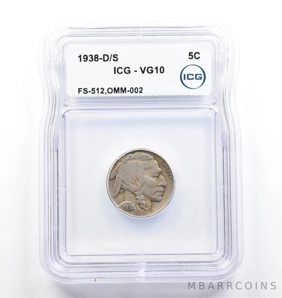 1938-D/S Indian Head Buffalo Nickel FS-512 OMM-002 VG10 ICG *9848